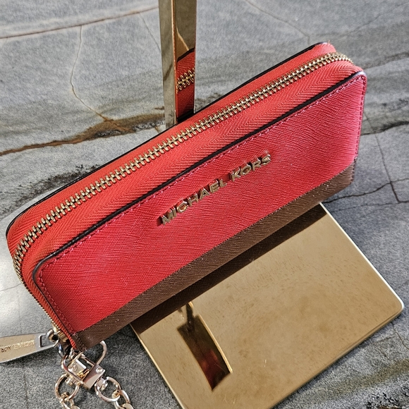 Michael Kors Colorblock Zip Around Wristlet Wallet Orange And Brown